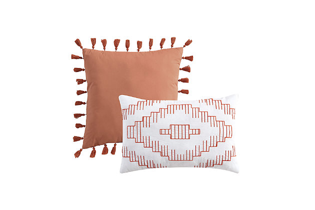 The Marilla Comforter Set features stripes of clipped pompoms that contrast against solid dobby background. This pattern will instantly freshen up and add textural aesthetic and tactile interest to a room. The comforter is crafted from premium cotton and filled with lightweight hypoallergenic polyfiber, resulting in a product that feels cool against the skin while providing lasting warmth all year long. The Marilla set comes with matching pillow shams and two complimentary throw pillows to complete the look. Features solid color yarn dyed fabric accented with clip dots | Backed to dyed-to-match batiste fabric | Premium cotton shell for excellent breathability and moisture absorption | Lightweight hypoallergenic fill for allergy-free warmth in all seasons | Oeko-tex certified - tested for harmful substances and | Machine washable - use a large capcity washer and dryer; spot clean dec pillows | Unique pattern - actual sham may differ from photo as fabric was cut at random | Set includes 1 comforter 104"x92", 2 shams 20"x36", and 2 dec pillows 12"x18", 18x18"