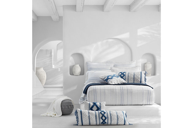 Inspired by luxury yet casual Beach House decor, the Serenity Quilt offers relaxed versatility and effortless elegance to your sleep space. Crafted in Portugal from fine cotton yarns that develop incredible comfort and softness over time. Detailed with relaxed and inviting woven dobby stripes in blue on a crisp white ripple-textured airy fabric. This lush lightweight quilt adds a refreshed dimension to your space, and coordinates beautifully with the Serenity collection.Cotton features unique insulation properties that keeps you warm in the Winter, and breathability to keep you cool in the Summer | Yarns are of the highest quality, combed, long staples, providing long lasting comfort and durability | White Sand linens are crafted with a high level of complexity and detail, and embrace distinct Portuguese weaving looms that are a mastery of many generations | White Sand products are covered by OEKOTEX STANDARD 100 CLASS I, guaranteeing chemical-free environmentally friendly materials and packaging | 100% Cotton | Imported