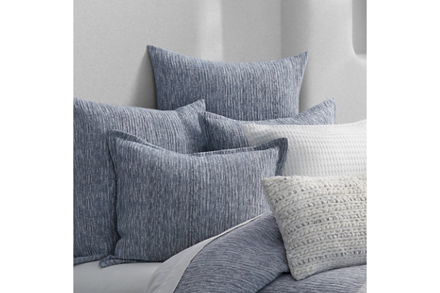 Crafted in Portugal from exceptionally fine 100% Cotton yarns, the Blue Bay Euro Sham adds relaxed versatility and effortless layering to your decor. Designed with a woven texture in a gorgeous deep blue and crisp white, this lovely accent adds a refreshed dimension to your space, and coordinates beautifully with the Serenity and Blue Bay collections.Cotton features unique insulation properties that keeps you warm in the Winter, and breathability to keep you cool in the Summer | Yarns are of the highest quality, combed, long staples, providing long lasting comfort and durability | White Sand linens are crafted with a high level of complexity and detail, and embrace distinct Portuguese weaving looms that are a mastery of many generations | White Sand products are covered by OEKOTEX STANDARD 100 CLASS I, guaranteeing chemical-free environmentally friendly materials and packaging | 100% Cotton | Imported