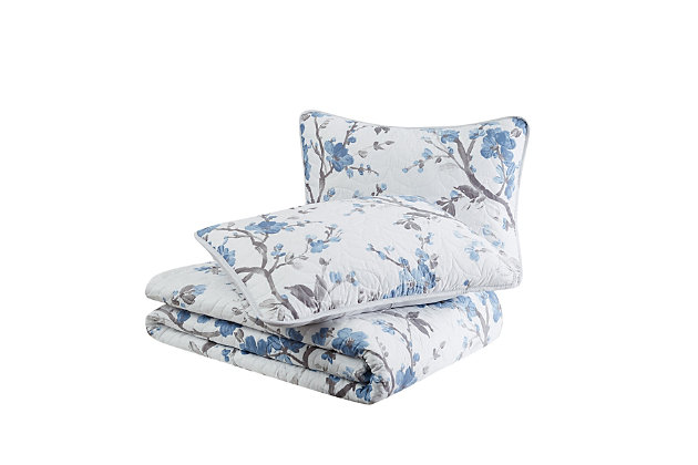 Spruce up your bedroom with the Kasumi collection from Cannon. This quilt set features a watercolor floral print on a white background with a solid white reverse. The blue flowers are enhanced with brush stroke detailing that continues throughout the bed up to the shams. The microfiber fabric allows for a soft and supple feel that will be comfortable all year round.Set includes quilt and 1 sham | Made of polyester | Soft polyfill | Reversible | Imported | Machine washable