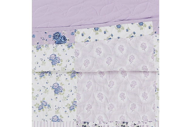Cannon's Elissa Patchwork quilt set is a new twist on a classic style. This bedding set features a leaf quilt stitch and a variety of printed patchwork designs with soft watercolor blue and purple florals, reversing to a solid light purple. The pattern is also included on the coordinating sham. The microfiber fabric is soft to the touch and the cotton polyester blended filling will provide you with the right amount of warmth for any season.Set includes quilt and 1 sham | Made of polyester | Soft polyfill | Imported | Machine washable