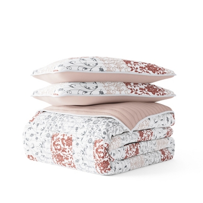 Ienjoy Home All Season 2 Piece Twin/ Twin XL Scrolled Patchwork Reversible Quilt Set with Shams, Blush, rollover