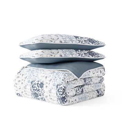 Ienjoy Home All Season 2 Piece Twin/ Twin XL Scrolled Patchwork Reversible Quilt Set with Shams, Dusk Blue, rollover