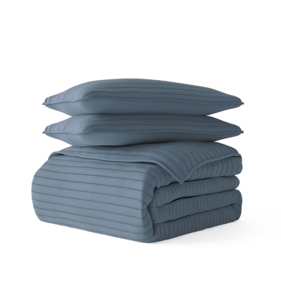 Ienjoy Home All Season 2 Piece Twin/ Twin XL Stripe Stitch Quilt Set with Shams, Dusk Blue, rollover