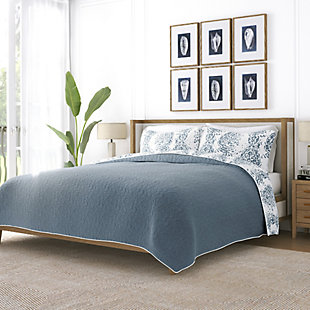 Ienjoy Home All Season 3 Piece King/California King Distressed Damask Reversible Quilt Set with Shams, Dusk Blue, rollover