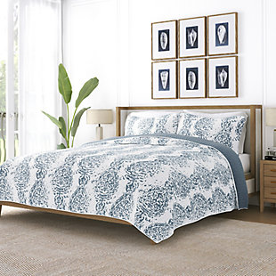 Ienjoy Home All Season 3 Piece King/California King Distressed Damask Reversible Quilt Set with Shams, Dusk Blue, large