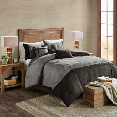 Boone King 7 Piece Faux Suede Comforter Set, Gray, large