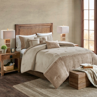 Boone Queen 7 Piece Faux Suede Comforter Set, Tan, large