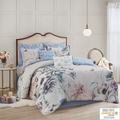 Cassandra Queen 8 Piece Printed Comforter Set, Blue, large