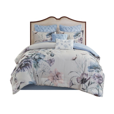 Cassandra Queen 8 Piece Printed Comforter Set, Blue, rollover
