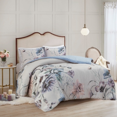 Cassandra Full/Queen 3 Piece Printed Duvet Cover Set, Blue, rollover