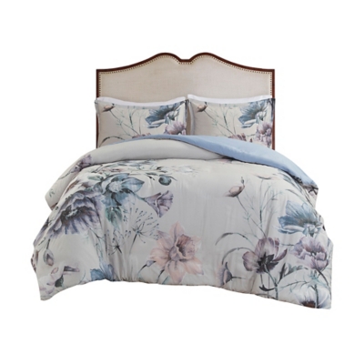 Cassandra Full/Queen 3 Piece Printed Duvet Cover Set, Blue, large