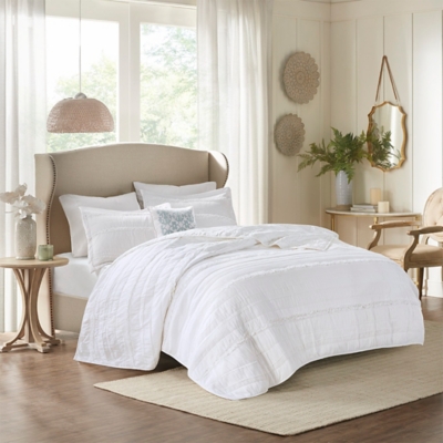 Celeste Full/Queen 4 Piece Reversible Ruffle Quilt Set with Throw Pillow, White, large