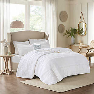 Celeste Full/Queen 4 Piece Reversible Ruffle Quilt Set with Throw Pillow, White, rollover