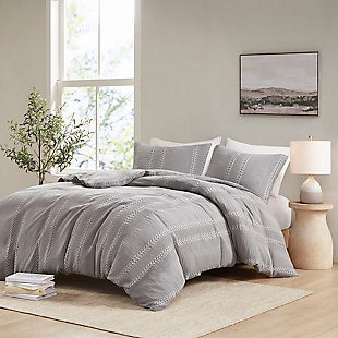 Darby King/California King 3 Piece Gauze Waffle Weave Duvet Cover Set, Gray, rollover