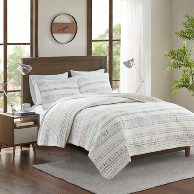 Fraser Full/Queen 3 Piece Printed Microfiber Seersucker Quilt Set, Taupe Multi, large