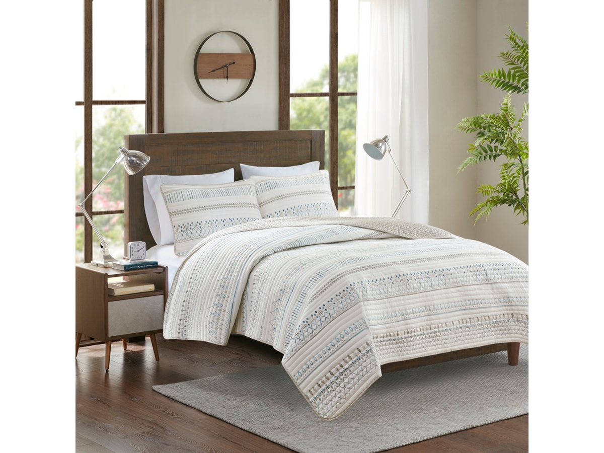 Janzaa Quilt Set Queen 3 PCS, Microfiber Boho Striped Bedspread With Pillow Cases Reversible Coverlet Bedding Set For All