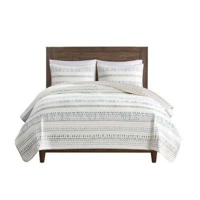 Fraser Full/Queen 3 Piece Printed Microfiber Seersucker Quilt Set, Taupe Multi, rollover