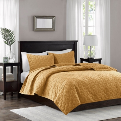 Harper King/California King 3 Piece Velvet Quilt Set, Mustard, large
