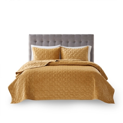 Harper King/California King 3 Piece Velvet Quilt Set, Mustard, rollover
