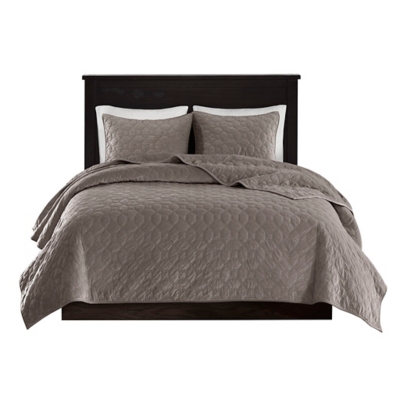 Harper Full/Queen 3 Piece Velvet Quilt Set, Taupe, rollover