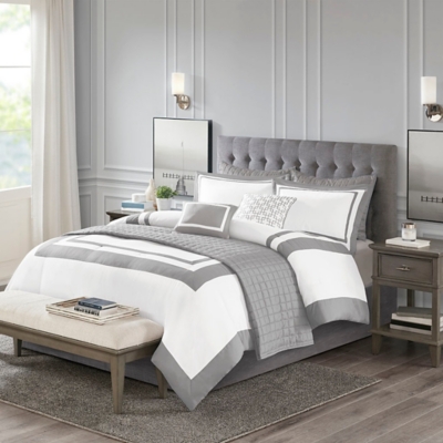 Heritage King/California King 8 Piece Comforter and Quilt Set Collection, Gray, large