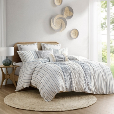 Imani Full/Queen Printed Duvet Cover Set with Chenille, Navy, rollover