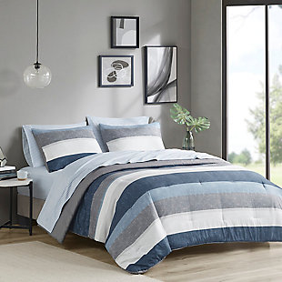 Jaxon California King Comforter Set with Bed Sheets, Blue/Gray, rollover