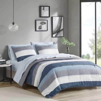 Jaxon Queen Comforter Set with Bed Sheets, Blue/Gray
