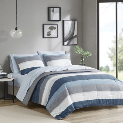 Jaxon Queen Comforter Set with Bed Sheets, Blue/Gray, large