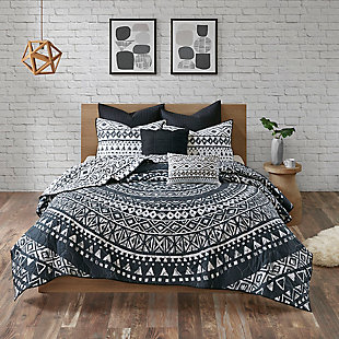 Larisa Full/Queen 7 Piece Reversible Quilt Set with Euro Shams and Throw Pillows, Black, rollover