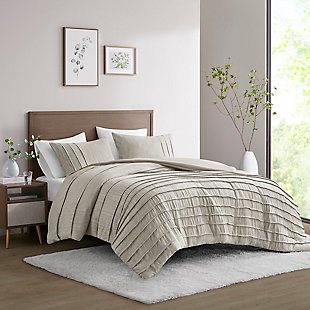 Maddox King/California King 3 Piece Striated Cationic Dyed Oversized Comforter Set With Pleats, Natural, rollover