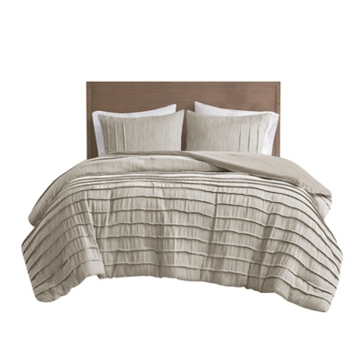 Maddox Full/Queen 3 Piece Striated Cationic Dyed Oversized Comforter Set With Pleats, Natural, rollover