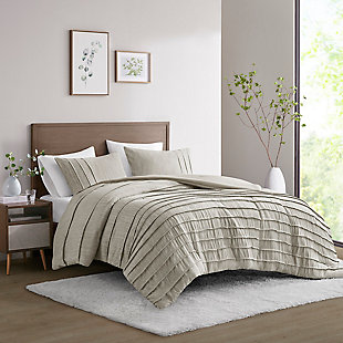 Maddox King/California King 3 Piece Striated Cationic Dyed Oversized Duvet Cover Set with Pleats, Natural, rollover
