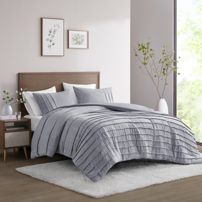 Maddox King/California King 3 Piece Striated Cationic Dyed Oversized Duvet Cover Set with Pleats, Blue, large