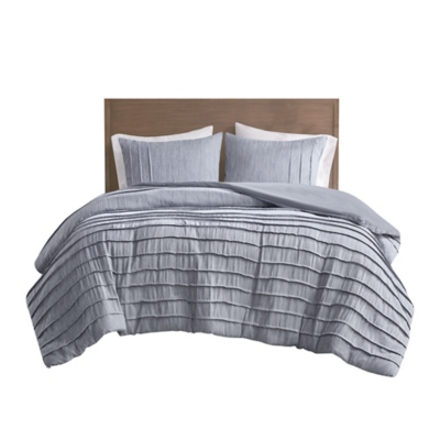 Maddox King/California King 3 Piece Striated Cationic Dyed Oversized Duvet Cover Set with Pleats, Blue, rollover