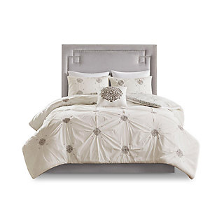 Malia King/California King 4 Piece Embroidered Reversible Duvet Cover Set, Ivory, large