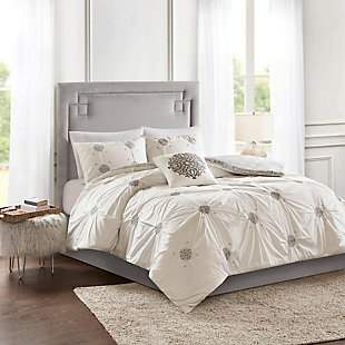 Malia Full/Queen 4 Piece Embroidered Reversible Duvet Cover Set, Ivory, rollover