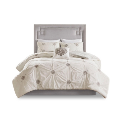 Malia Full/Queen 4 Piece Embroidered Reversible Duvet Cover Set, Ivory, rollover