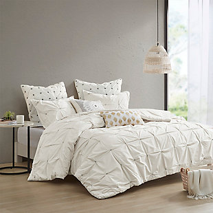 Masie Full/Queen 3 Piece Elastic Embroidered Duvet Cover Set, White, rollover
