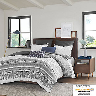 Mila Full/Queen 3 Piece Duvet Cover Set with Chenille Tufting, Gray, rollover
