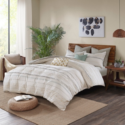 Nea King/California King Printed Duvet Cover Set with Trims, Off White/Gray, large