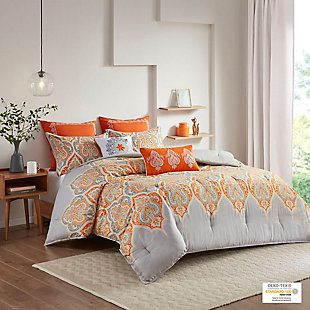 Nisha Full/Queen Comforter Set, Orange, rollover
