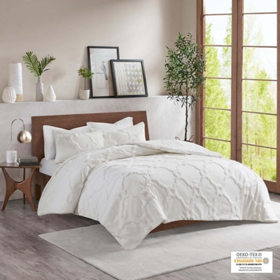 Pacey Full/Queen 3 Piece Tufted Chenille Geometric Comforter Set, Off White, large