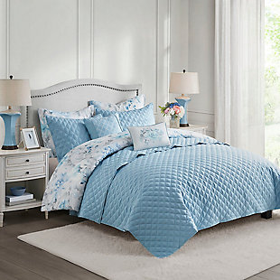 Pema King/California King 8 Piece Printed Seersucker Comforter and Quilt Set Collection, Blue, rollover