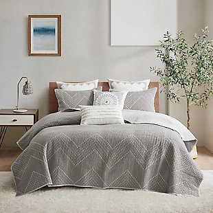 Pomona King/California King 3 Piece Embroidered Quilt Set, Gray, rollover