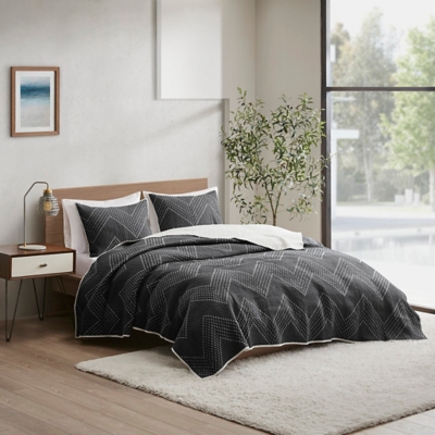 Pomona King/California King 3 Piece Embroidered Quilt Set, Black, large