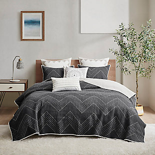 Pomona King/California King 3 Piece Embroidered Quilt Set, Black, rollover
