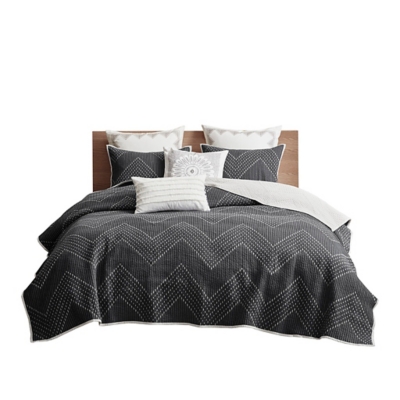 Pomona King/California King 3 Piece Embroidered Quilt Set, Black, rollover