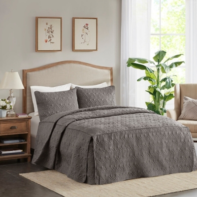 Quebec King 3 Piece Split Corner Pleated Quilted Bedspread, Dark Gray, large